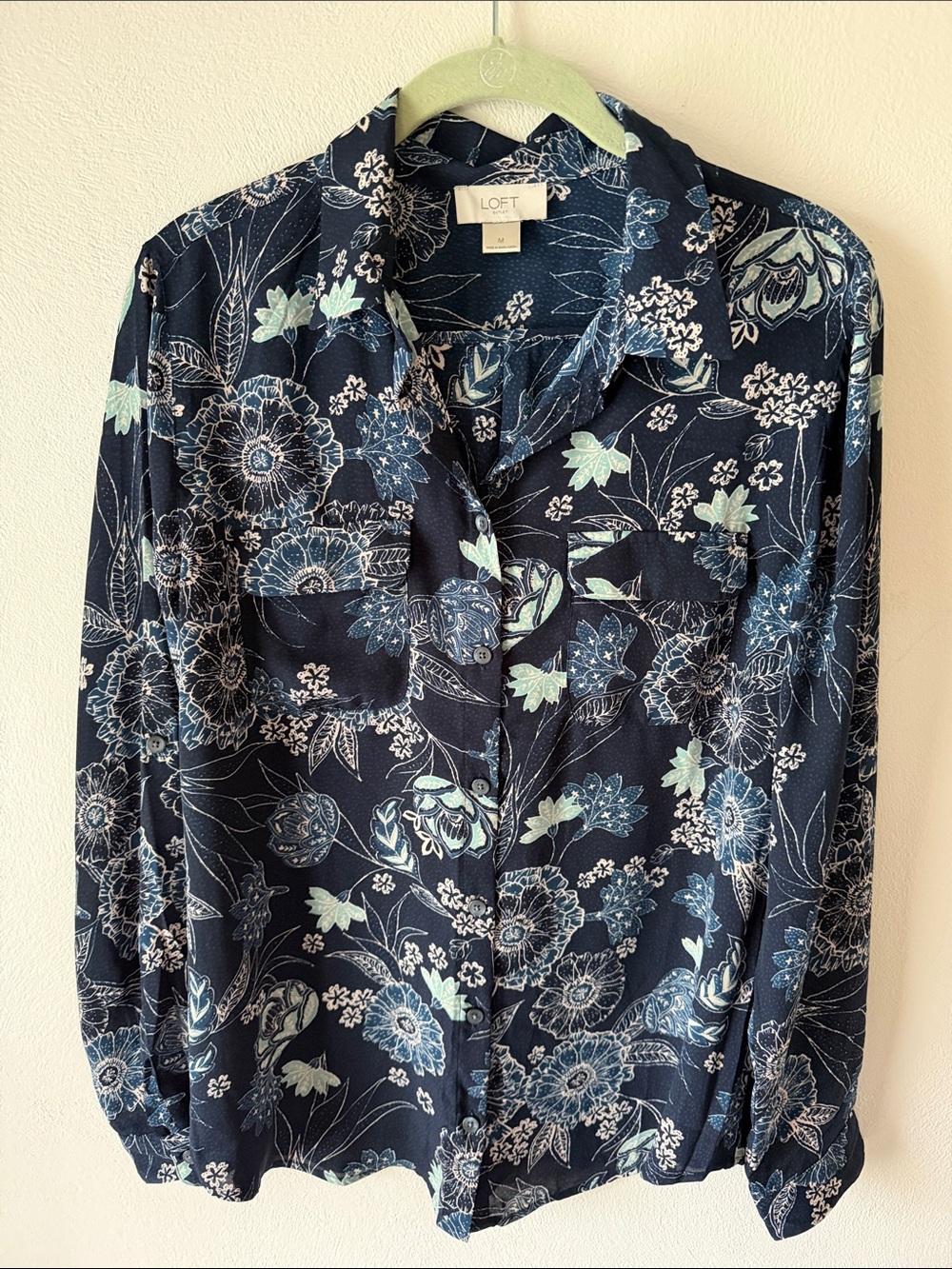 LOFT Navy Floral Button-Down Shirt with Light Blue & Mint Accents